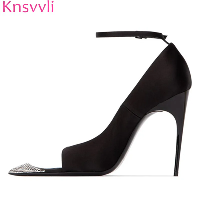 

New Black Satin Sexy High Heels Woman Shoes Studded Rhinestone Peep Toe Luxurious Runway Party Shoes Thin Heels Sapato Feminina