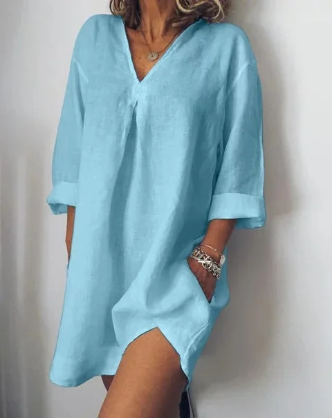 Casual Pure Color V Neck Women Mini Dress Sexy 3/4 Sleeve Pocket Loose Elegant Cotton Linen Party Dress Ladies Dresses Vestidos - Color: blue