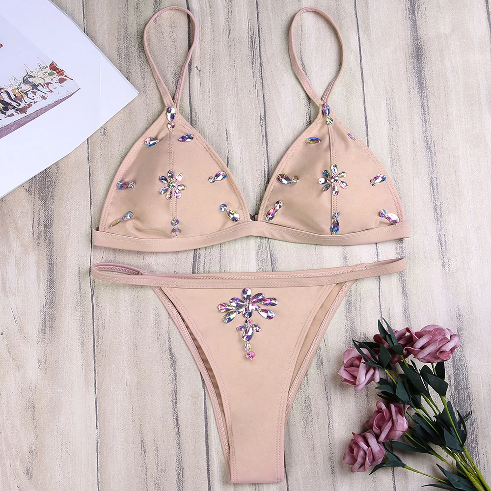 

2019 Sexy Sequin Bikini Set with Crystal Female Pink Swimwear Two Pieces Women's String Swimsuit Bathing Suit Swim Biquini Thong