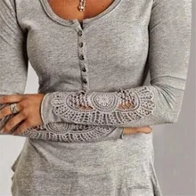 Хлопковая женская футболка с длинным рукавом и круглым вырезом Женская Кружевная футболка с длинным рукавом Femme Повседневные футболки Топы женские S-2XL