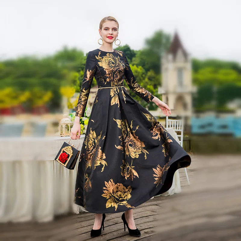 Качественное винтажное длинное платье с длинным рукавом 2018 женское осеннее