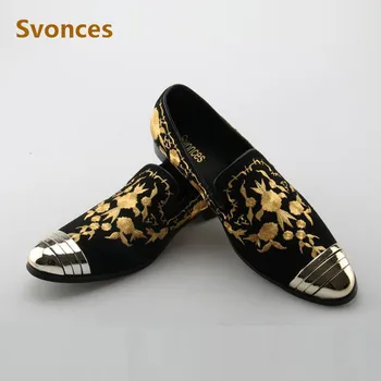 

New Gold Embroidery Designer 2018Fashion Mens Shoes Slip-On Flats Chaussures Laofers Brand Dressing Wedding Shoes Man Zapatillas