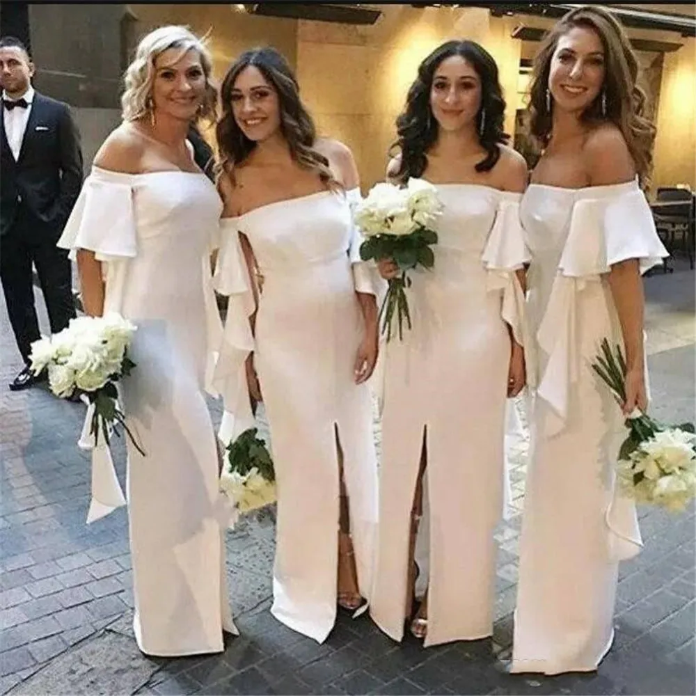 Элегантные белые платья для подружек невесты лодочка шеи с плеча Прямой спереди сплит длинное свадебное Выходное платье 2019 Дешевое