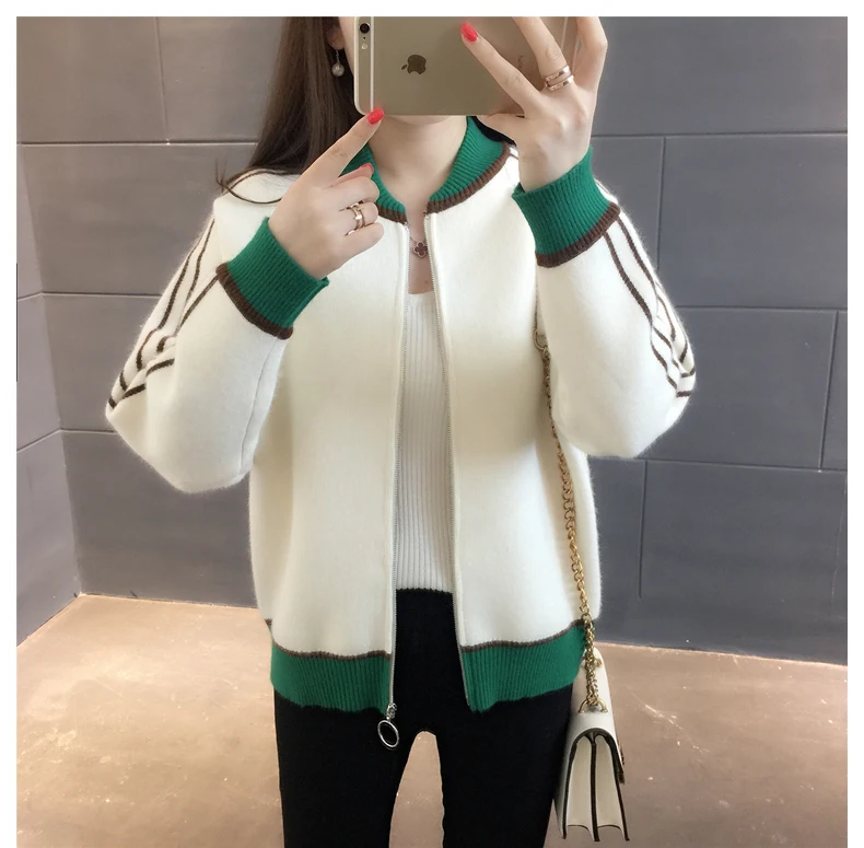 

Female Jacket Beige Green Pink Coat Sweaters Women Knitted Cardigans Lady School All-match Loose Zipper Fly