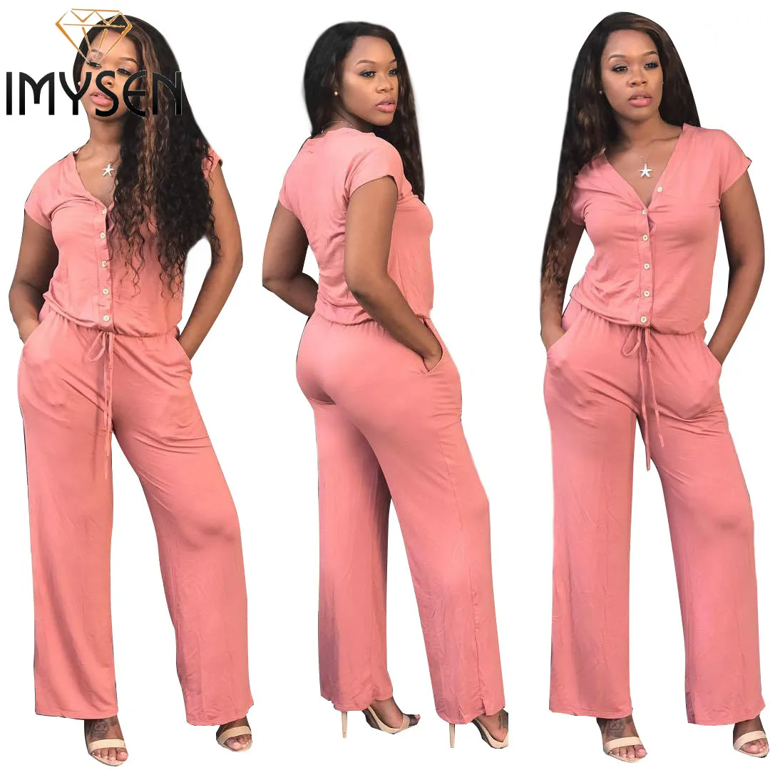 IMYSEN Summer Trendy New Solid Casual Jumpsuit Women Romper V Neck
