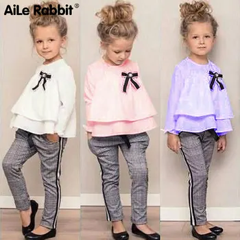 

Fashion Baby Kids clothes Girls Clothing Set 2PCs Outfits Ruffle T Shirt Tops Checked Pants Clothes Set roupas menina