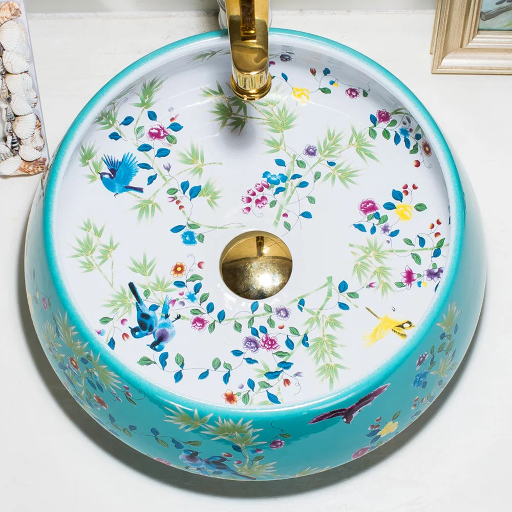 فوق حوض بونساي دي الخزف الحمام الغرور مغسلة حوض الفن الحمام الطيور و الزهور الأواني LO620408