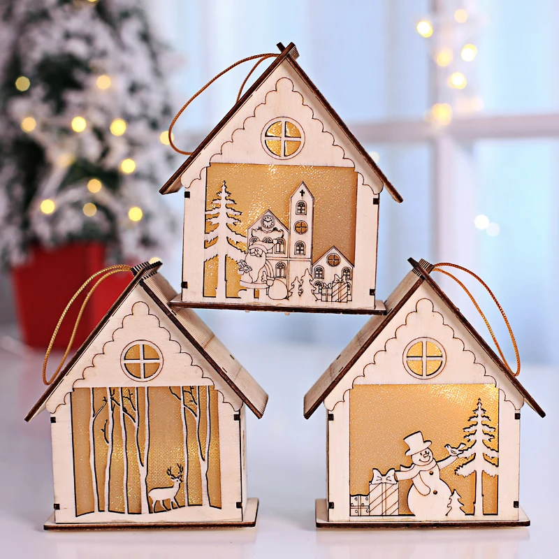 

New Christmas decoration light wooden house hanging piece Christmas tree decoration hanging piece shop window decoration