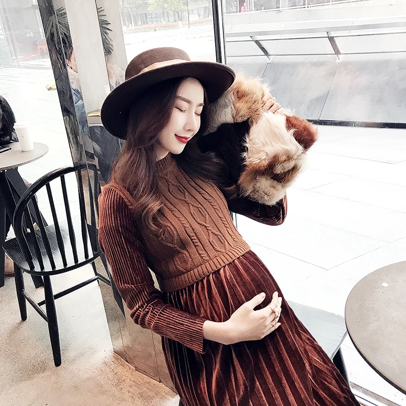 Fashion Autumn/winter Long skirt maternity Knitting dress Regnant women dress Fitness design Show thin Pregnant dress