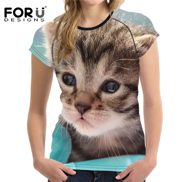 FORUDESIGNS/футболка 3D Kawaii Женская одежда с рисунком кота короткий рукав полиэстер футболка женская футболка с круглым вырезом фитнес повседневные футболки - Цвет: W1860BV