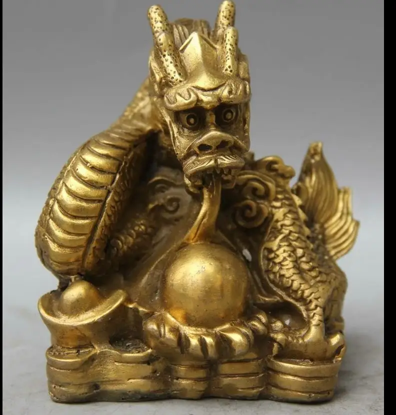 

671115864*++Chinese Brass feng shui Zodiac year dragon pearl yuan bao wealth money statue