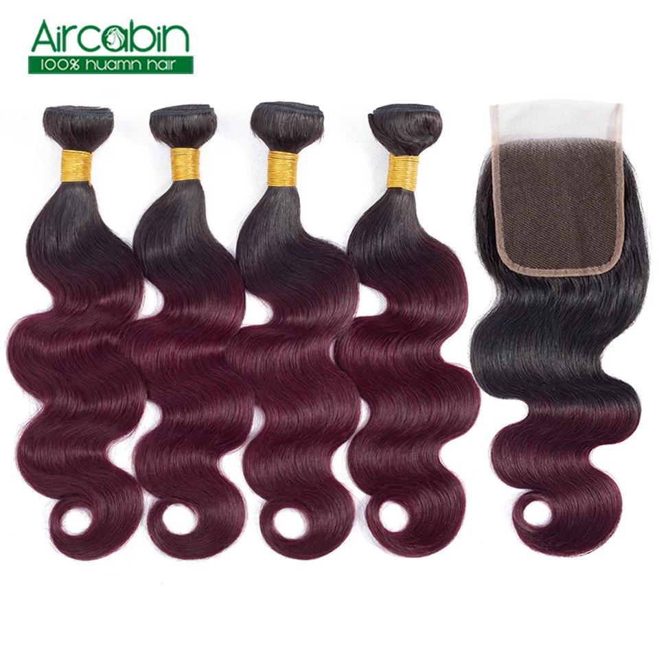 

Body Wave Bundles with Closure 1B 99J Brazilian Hair Weave Bundles Human Hair Extensions 4 Bundles With Closure Non Remy Hair