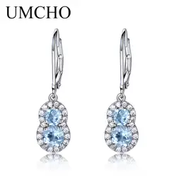 UMCHO 1.8CT Природный Голубой топаз ювелирные серьги c драгоценными камнями реального 925 пробы серебряные серьги свадебный подарок для Для