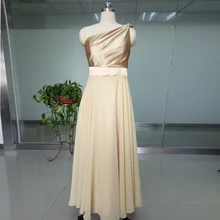 Gold Chiffon One Shoulder Sleeveless Wedding Party Dresses vestido de festa Long Cheap Bridesmaid Dresses For Party ASAB14