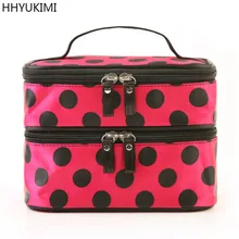 HHYUKIMI Brand Fashion Wave Point Double Layer Travel Cosmetic Bag Large Capacity Beautician Women Makeup Bag Wash Organizer