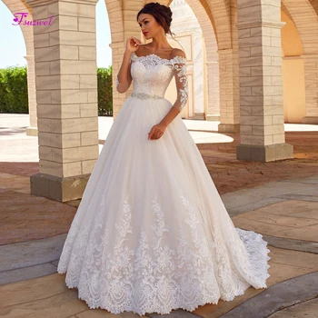 

Fsuzwel Three Quarter Sleeve Appliques Boat Neck A-Line Wedding Dresses 2020 Luxury Crystal Sashes Vintage Bridal Gown Plus Size