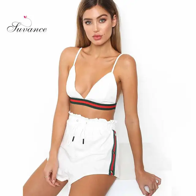 2018 Suvance Summer Sexy Spaghetti Strap Solid Color Patchwork Elastic Short Backless Women Set