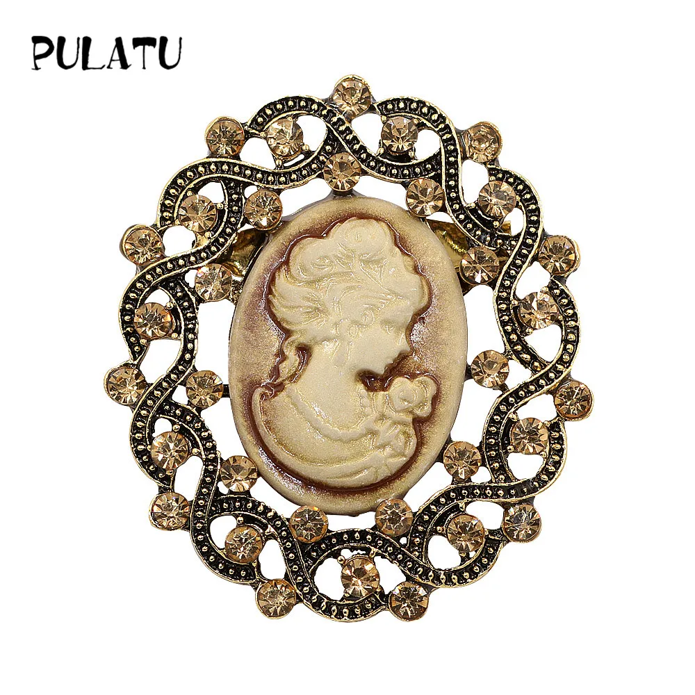 

PULATU Yellow Crystal Filigree Cameo Brooch Pins for Women Antique Vintage Golden Burnished Metal Pave Stone Accessories Jewelry