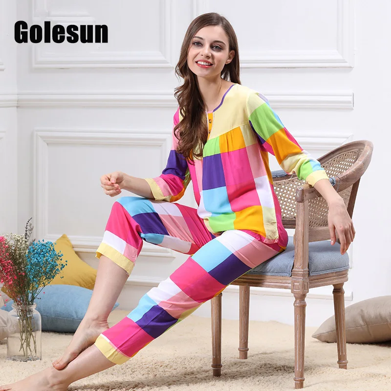WOMEN Spring and Summer cotton pajamas set round neck grid and