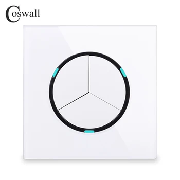 

Coswall Crystal Glass Panel 3 Gang 1 Way Round Key Random Click Push On / Off Wall Light Switch With Blue Backlight R11 Series