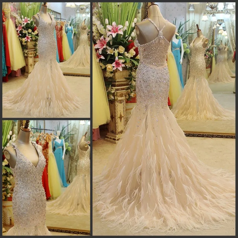 

free shipping 2013 luxury crystal beaded sexy formal bride champagne long married evening gowns with feathers party prom dresses