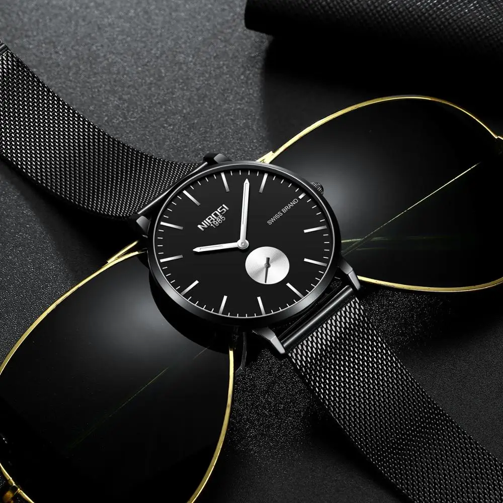 Cena Relogio Masculino Fashion Watch mężczyźni NIBOSI wodoodporny Slim siateczkowy pasek minimalistyczny zegarki na rękę dla mężczyzn zegarek kwarcowy sport zegar