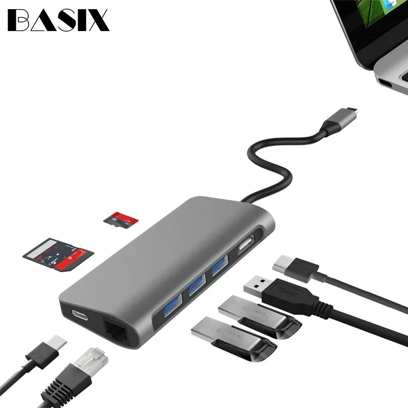 Концентратор USB C Basix адаптер HDMI Ethernet Rj45 4K 3 1 устройство для чтения SD/TF карт MacBook Pro