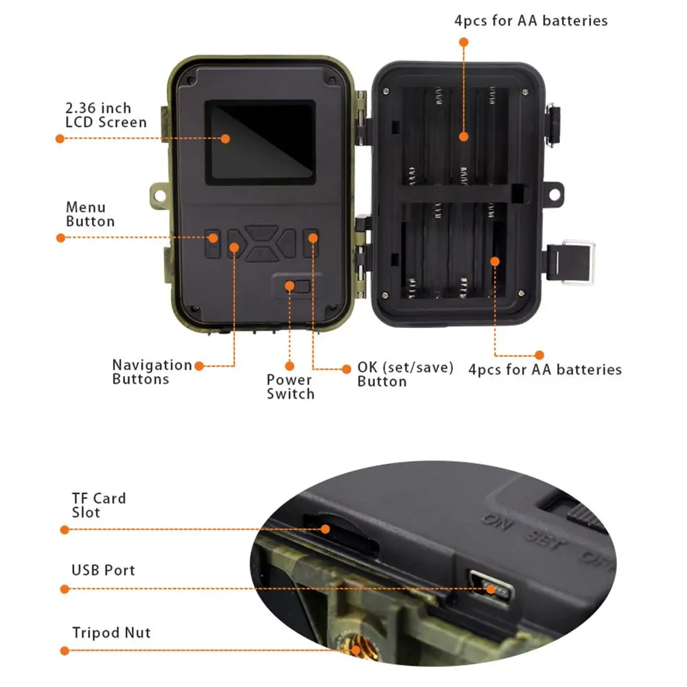 Охотничья камера 16MP 1080P IP66 Водонепроницаемая Следовая камера с свечением ночного видения до 65 футов 0,6 с триггер время движения активируется