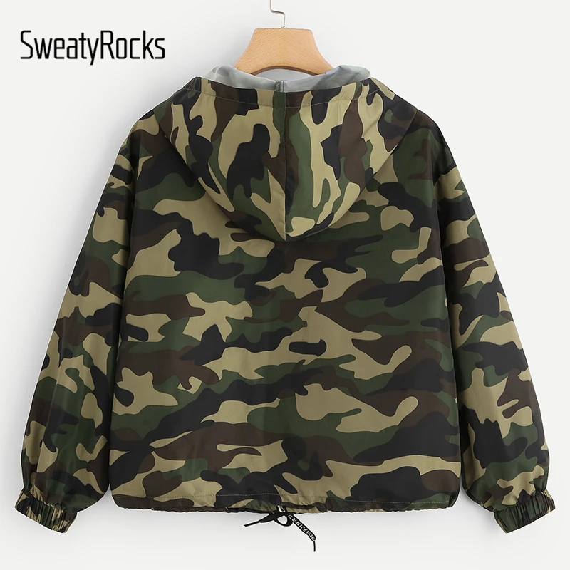 Finest  SweatyRocks Camo Print Drawstring Edge Hooded Windbreaker Jacket Active Wear 2018 Autumn Zip Up Ath