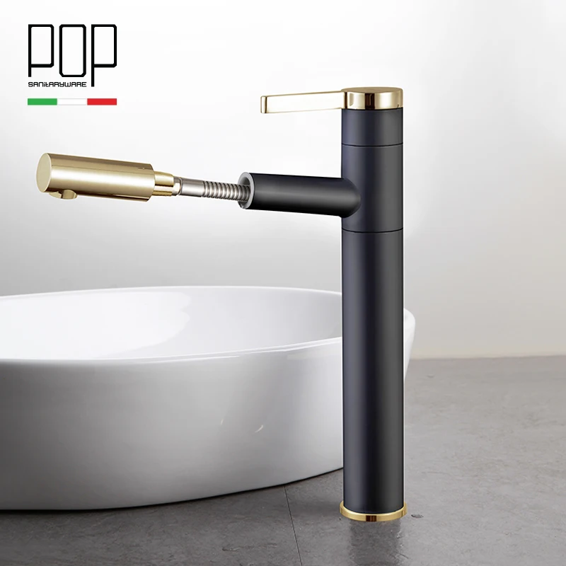 

POP Deck Mounted Bathroom Vanity Faucet , Pull Out Single Handle Lever Heightened Basin Faucets Hot and Cold Basin mixer Tap