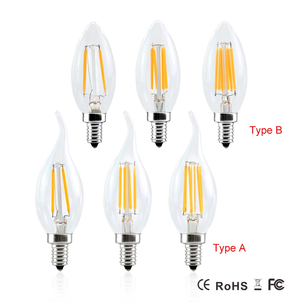 Ampoule светодиодный E12 E14 17 Ретро лампа Эдисона 2 Вт 4 Вт 6 Вт 110 В 220 В без мерцания светодиодный светильник-свеча с регулируемой яркостью лампы накаливания Bombillas