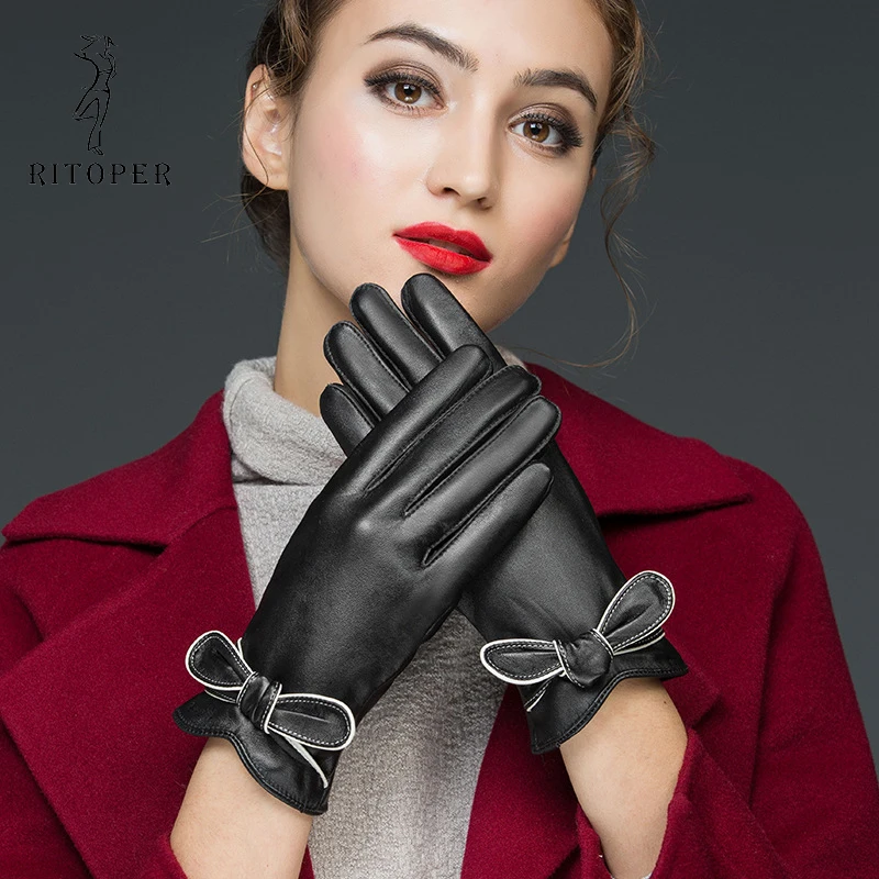 RITOPER Women Real Sheepskin Genuine Leather Gloves Lovely Touch Screen