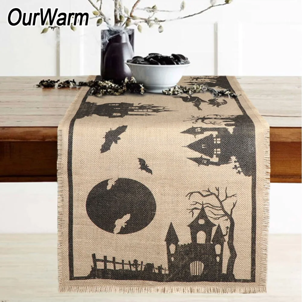 

OurWarm Halloween Party DIY Decoration Haunted House Burlap Table Runner Natural/Black High Quality Home Decoration