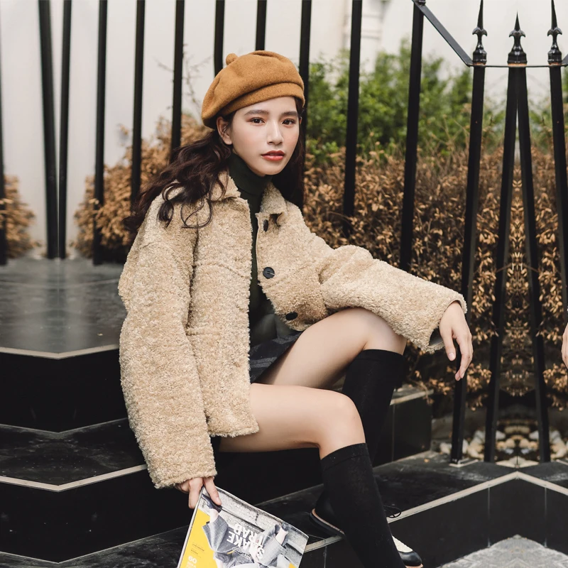 

MUMUZI Faux Fur Coat short sheepskin Winter Jacket Turn Down Collar Slim Women'S Outerwear Casaco Feminino Ropa Invierno Mujer