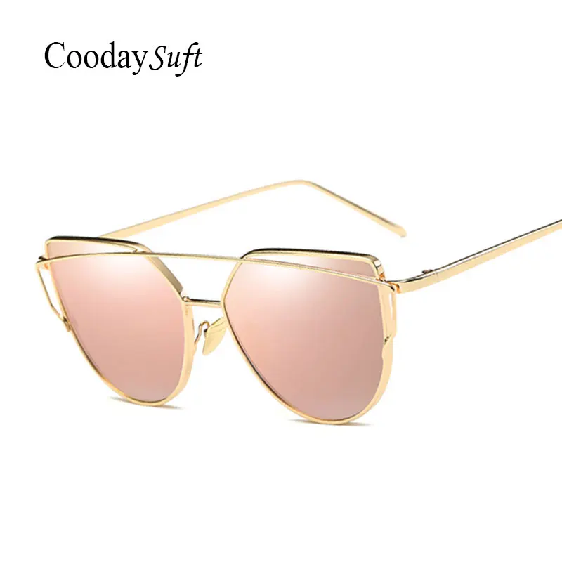 Coodaysuft Women Sunglasses New Cat Eye Brand Design Mirror Flat Rose Gold Vintage Cateye Fashion Sun