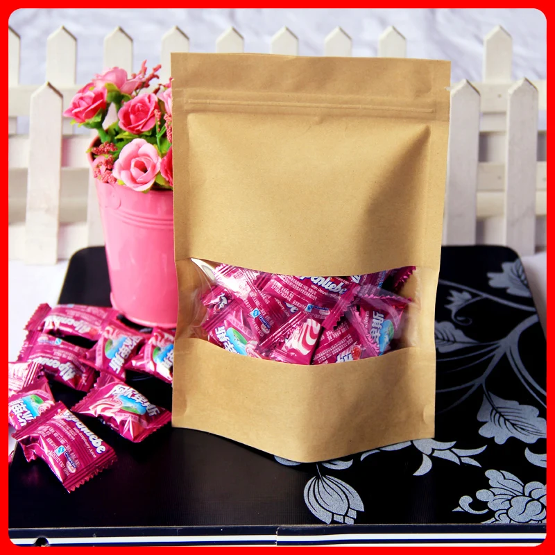 

Free Shipping 100pcs/lot 12cm*20cm+4cm Bottom *140mic High Quality Food Kraft Paper Bags With Window Stand Up With Zipper Bags