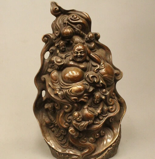 

free 13" Lucky China Buddhism Bronze Happy Laugh Maitreya Buddha Boy Gal Statue fast