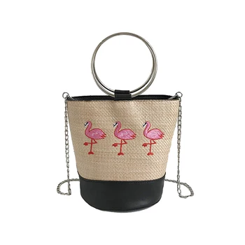 

Fashion Women Ring Beach Braid Handbag INS Popular Female Summer Straw Bags Flamingo Lady Weave Shoulder Bag Chains Bolsa SS3353