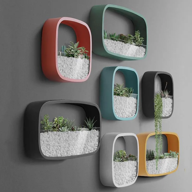 Billige Moderne Wand Vase Einfarbig Runde Quadrat Rechteck Eisen Kunst Hängen Bonsai Vasen Künstliche Pflanze Blume Halter Pflanzer Decor