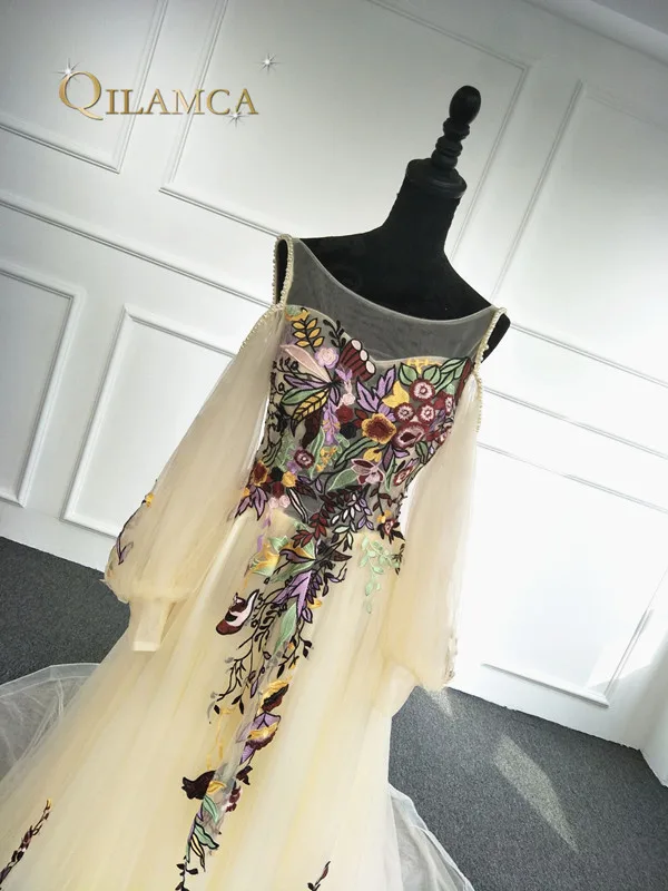 Настоящая фотография Длинные вечерние платья г. Новая модная вышивка цветок вечерние халат De Soiree одежда с длинным рукавом Вечерние Платье