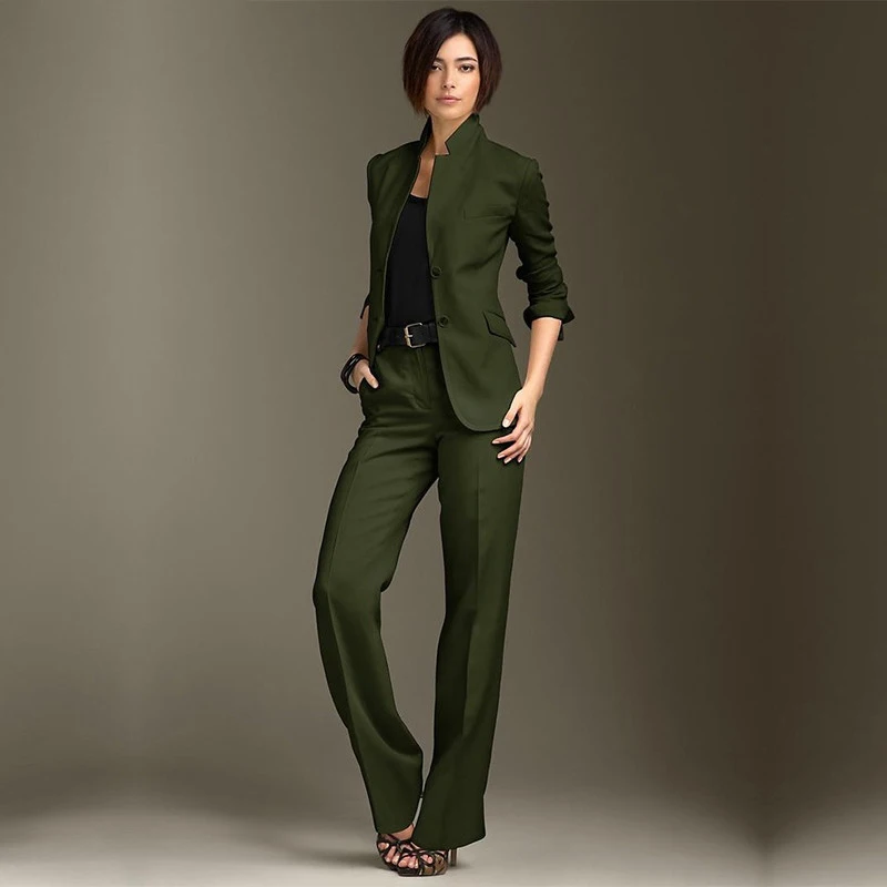 

Jacket Pants Dark Green Women Business Suits Chinese Collar Formal Ladies Pant Suits Office Uniform Style Female Trouser Suit