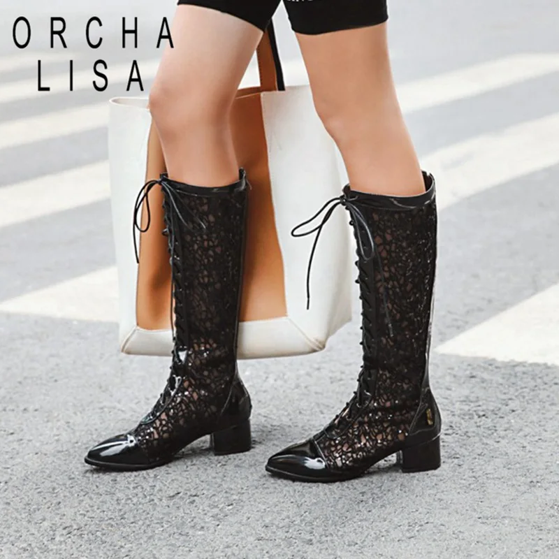 

ORCHA LISA Lady shoes Summer Lace boots breathable long boots Woman Hollow out booties flower flat knee boots big size 44 45 46