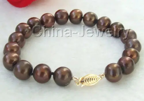 

Wholesale price 16new ^^^^AAA 8"10mm natural coffee round freshwater pearl bracelet-14k/20 clasp