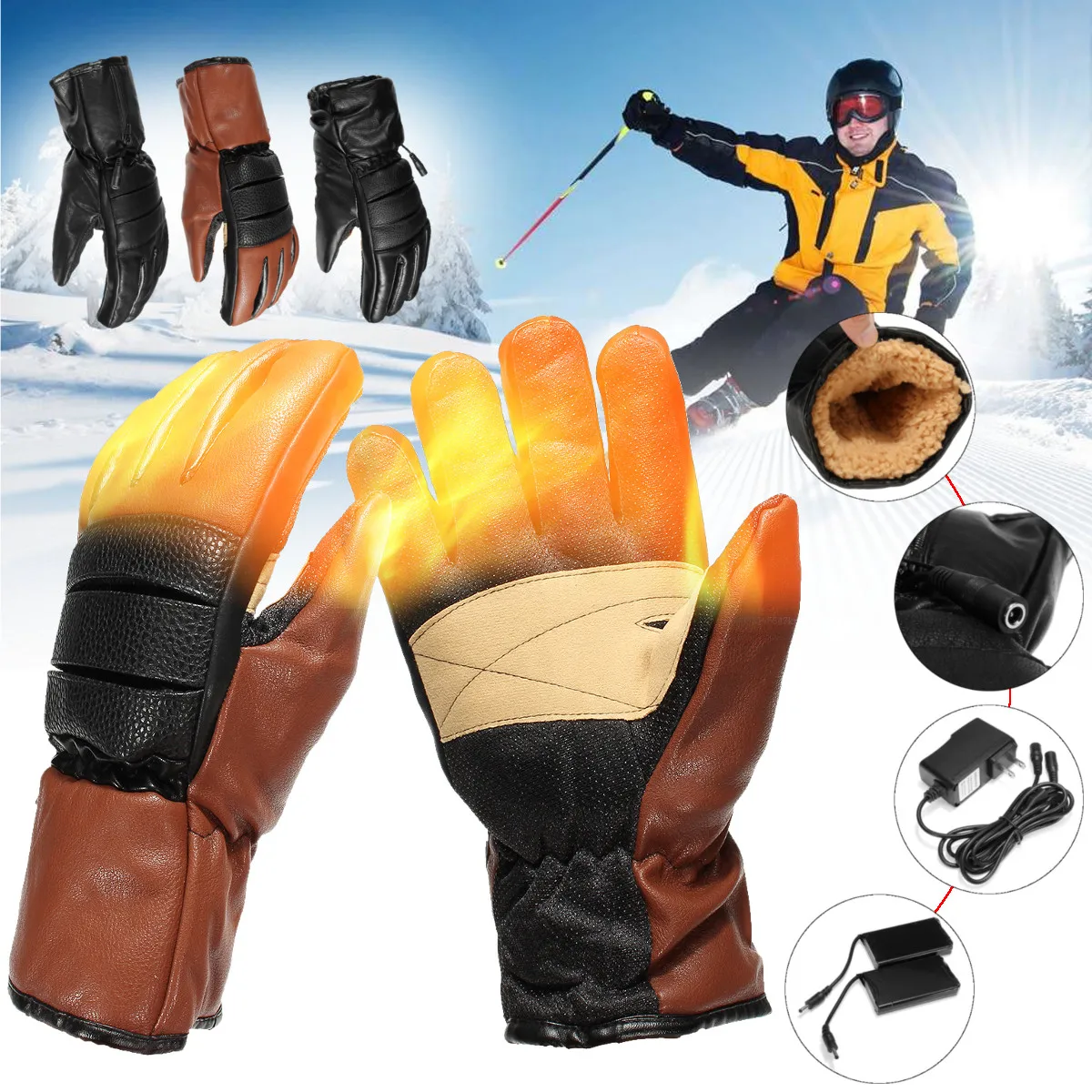 Winter Battery Heating Gloves PU Leather Rechargeable 3000mAh Mittens