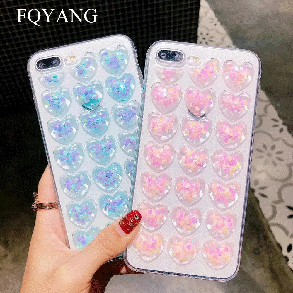 

FQYANG 3D Love Heart Phone Case For iPhone X XS Max XR Glitter Cartoon Cases For iPhone 7 8 6 6S Plus Cute Soft TPU Back Cover
