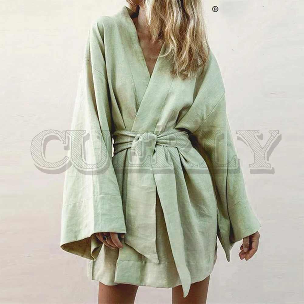 

CUERLY Japanese style v-neck women cotton dress Solid white sashes female dress Summer casual soft beach wear ladies dress 2019