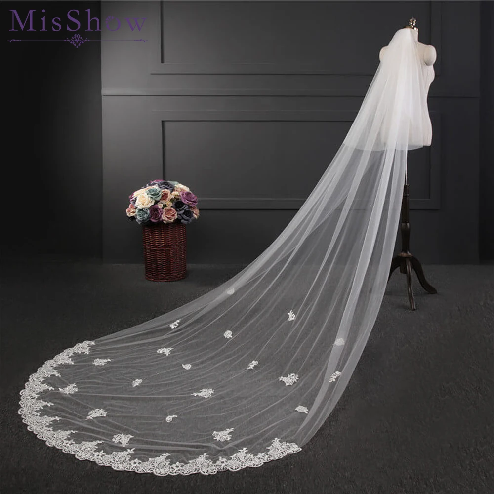 

Cheap Bridal Veils Lace Edge One Layer Applique 3M Long Tulle Ivory 2019 Veu De Noiva Wedding Accessories Bridal Veils with comb