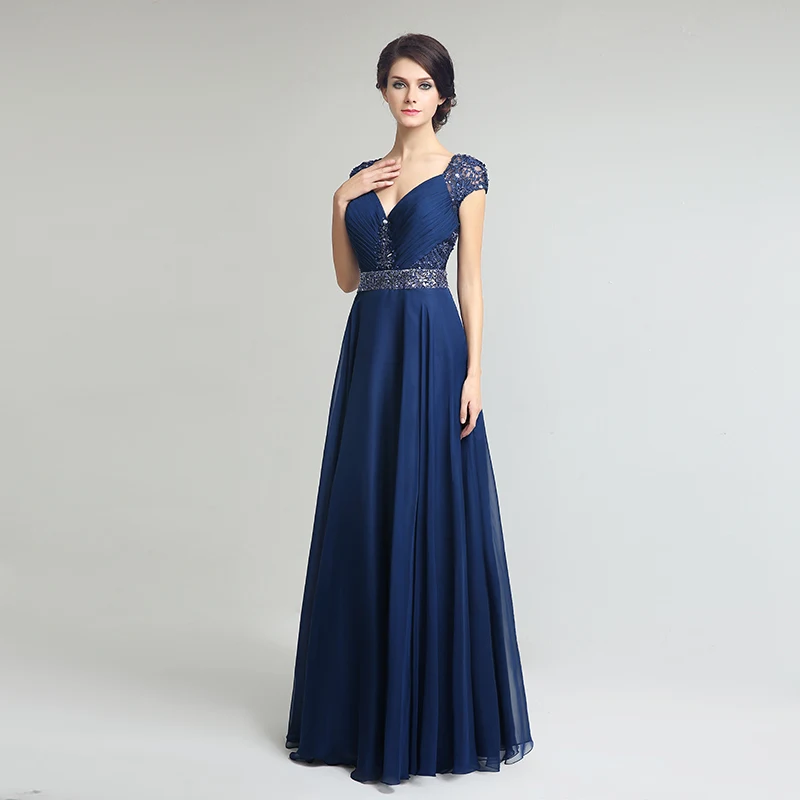 Темно-синие платья с рукавами-крылышками для матери невесты шифоновое платье с поясом и оборками на спине, вечернее платье OL261 - Цвет: Navy Blue