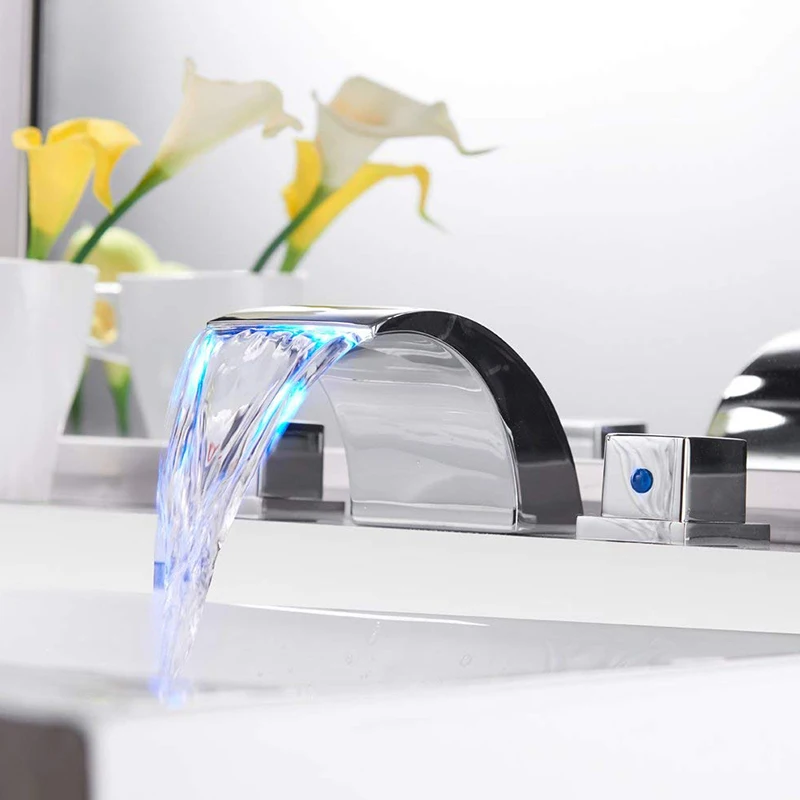 

Chrome/Brushed LED Light Waterfall Basin Faucet Widespread Tub Sink Mixer Taps Washing Basin Mixer Tap Dual Handle Hot Cold Tap