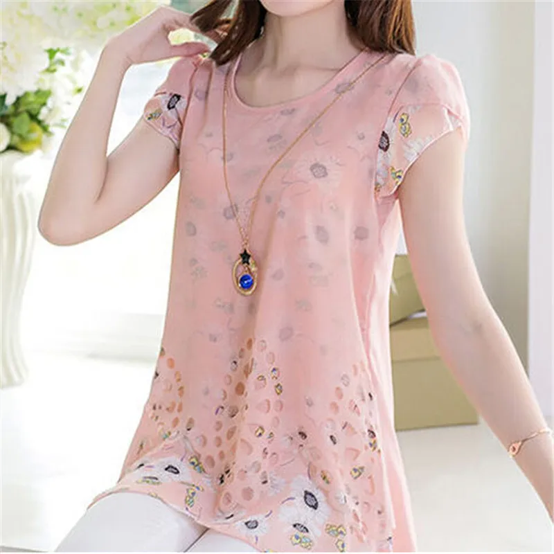 2017 Summer Women Floral Print Yarn Long Tops Asymmetric Hem Chiffon Blouse Tee Shirt Plus Size M-XXXL Blouses